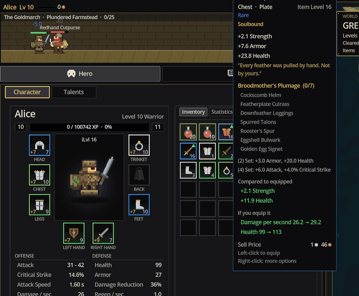 Animation: pointing at a Cockscomb Helm shows a tooltip comparing it with the equipped helm, then the helm is equipped and the stats change.