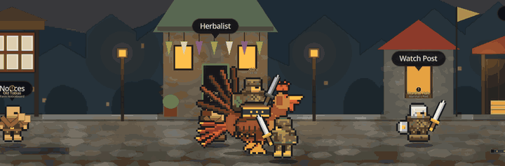 Animation: a hero on a mount rides through a village street past other players and the Riding Trainer.